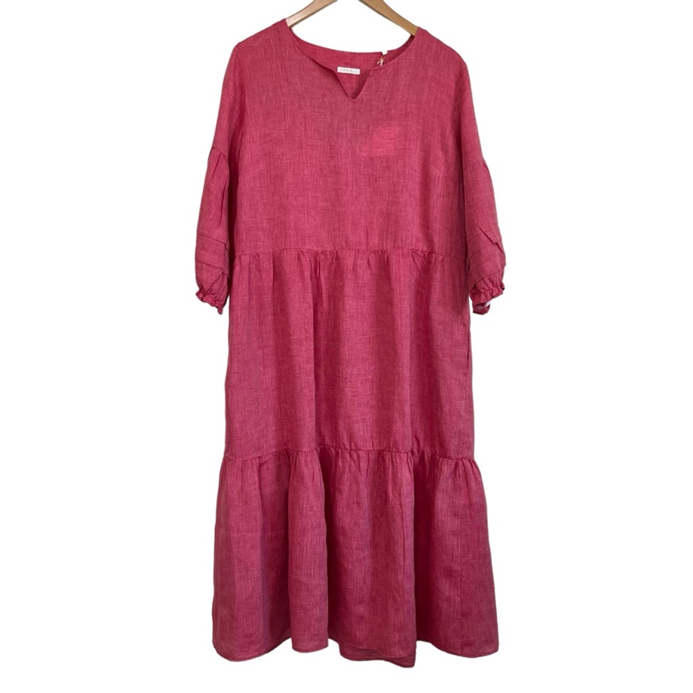 Robert Friedman Gloria Linen Midi Dress in Red Half Sleeve Medium